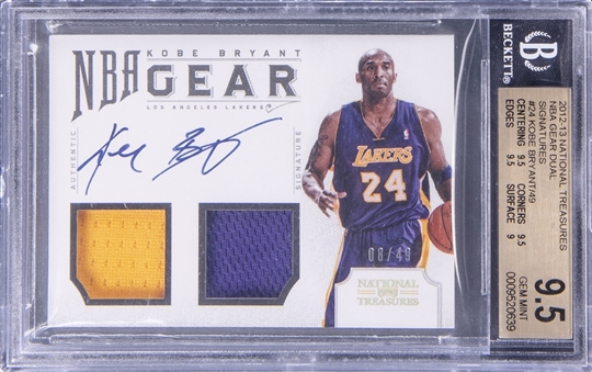 2012-13 Panini National Treasures NBA Gear Dual Signatures #24 Kobe Bryant Signed Dual Jersey Card (#08/49) - BGS GEM MINT 9.5/BGS 10 - Kobes First Jersey Number!